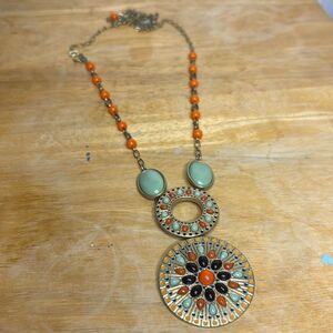 Lia Sophia Orange and Blue Circular Pendant and Long Draped Statement Necklace